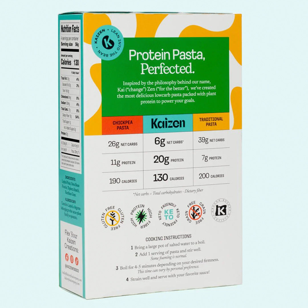 "Pasta Fusilli Keto Kaizen Food Company 226 gr, baja en carbohidratos, alta en proteínas, y sin gluten."