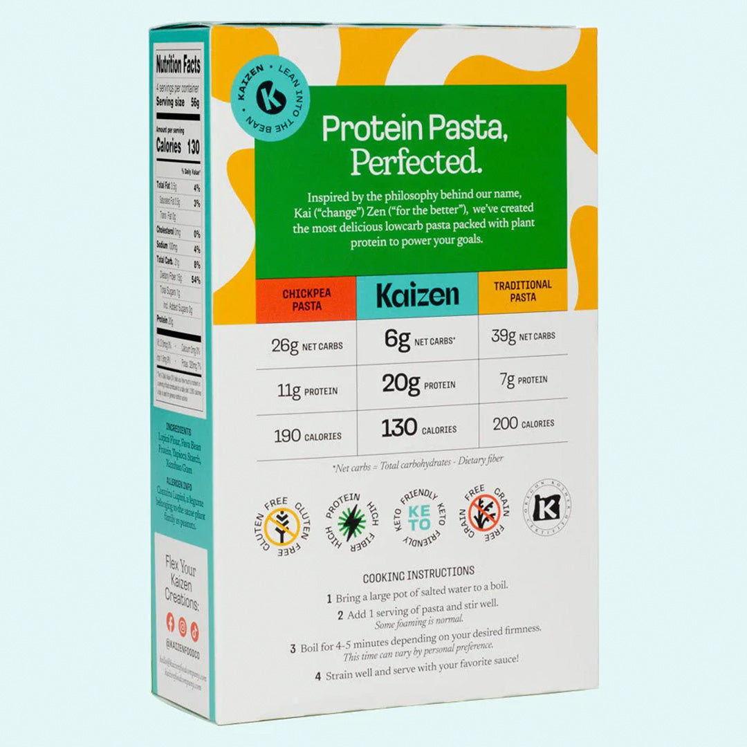 "Pasta Fusilli Keto Kaizen Food Company 226 gr, baja en carbohidratos, alta en proteínas, y sin gluten."